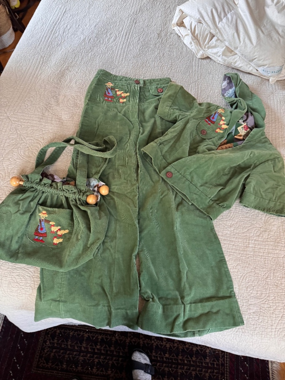 Strawberry Plant by Dorothy Schoelen 70s Vintage Corduroy pants, jacket, purse